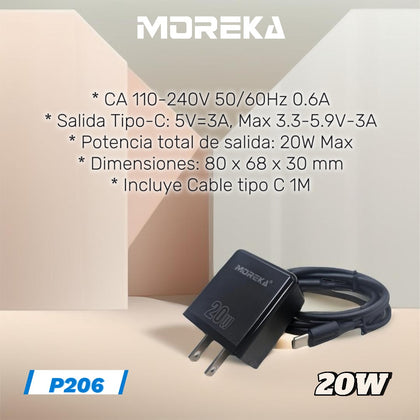 Cargador 20W Moreka P206 puerto tipo C incluye cable C 1M